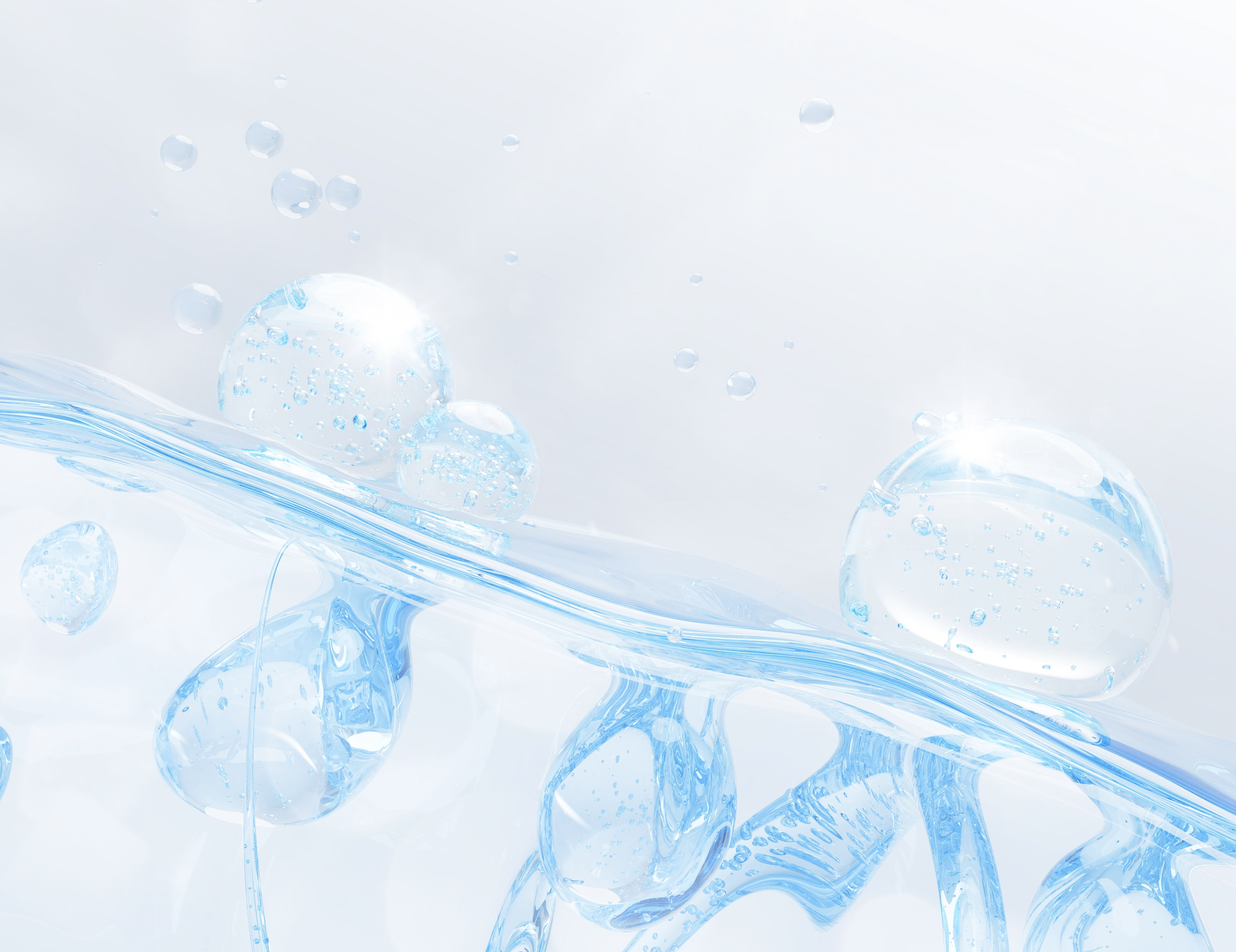 Transparente blaue Flüssigkeit mit Blasen, Symbolbild für Acetamidoethoxyethanol in Hautpflege: feuchtigkeitsspendender Wirkstoff für glatte, hydratisierte Haut.