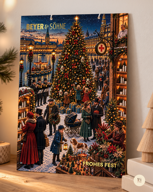 Der Papier-Adventskalender von Beyer & Söhne mit 24 Türchen, mit einer malerischen, nostalgischen Szene der Hamburger Innenstadt auf einer Kommode mit weihnachtlicher Deko stehend.