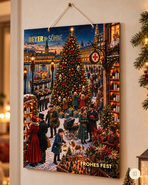 Der Papier-Adventskalender von Beyer & Söhne mit 24 Türchen, mit einer malerischen, nostalgischen Szene der Hamburger Innenstadt an der Wand hängend
