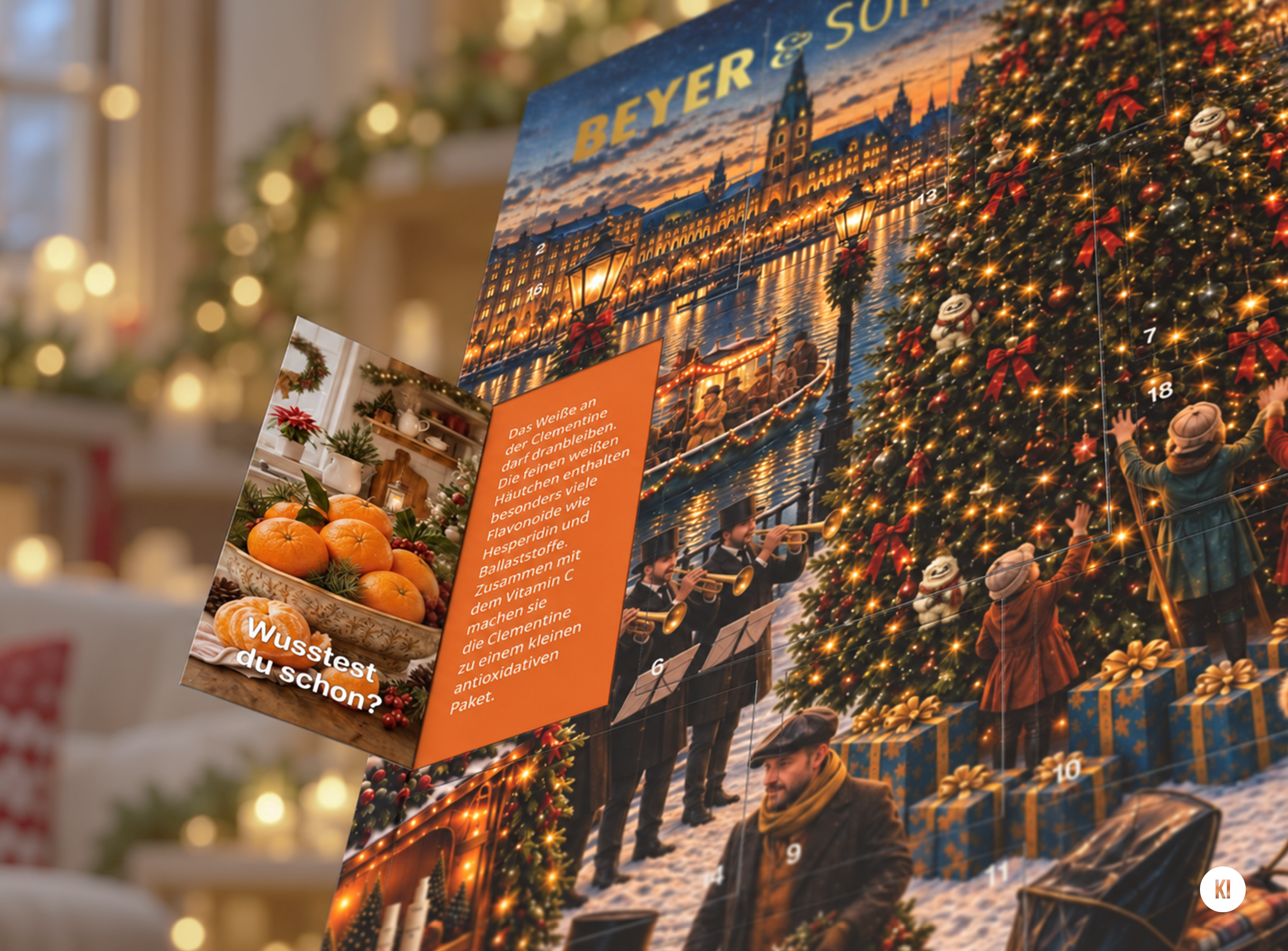 Nahaufnahme des Papier-Adventskalenders von Beyer & Söhne mit einer malerischen, nostalgischen Szene der Hamburger Innenstadt. Das offene Türchen zeigt ein liebevoll gestaltetes Türchen.