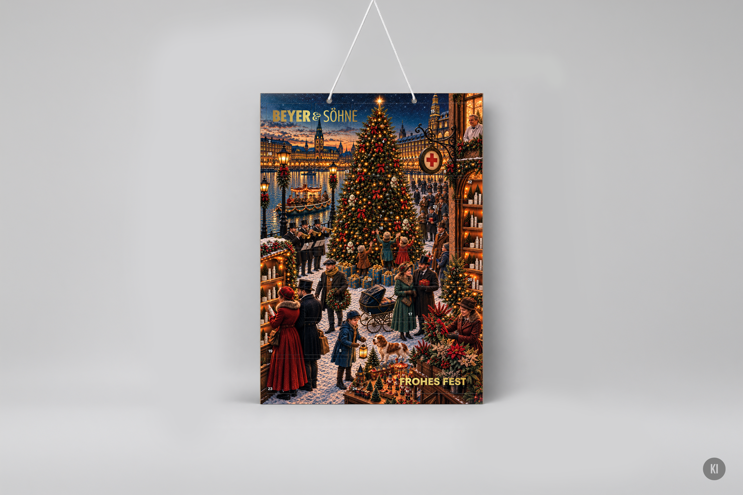 Der Papier-Adventskalender von Beyer & Söhne mit 24 Türchen, mit einer malerischen, nostalgischen Szene der Hamburger Innenstadt.