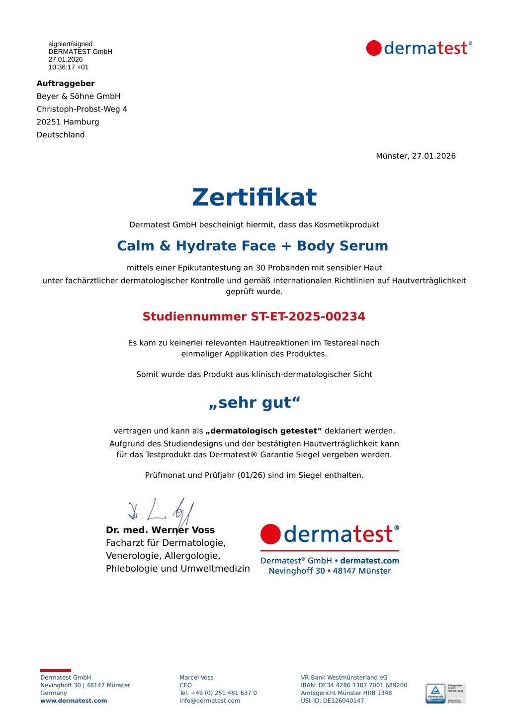 Zertifikat von Dermatest für den Calm & Hydrate. Er ist dermatologisch getestet und für empfindliche Haut geeignet.