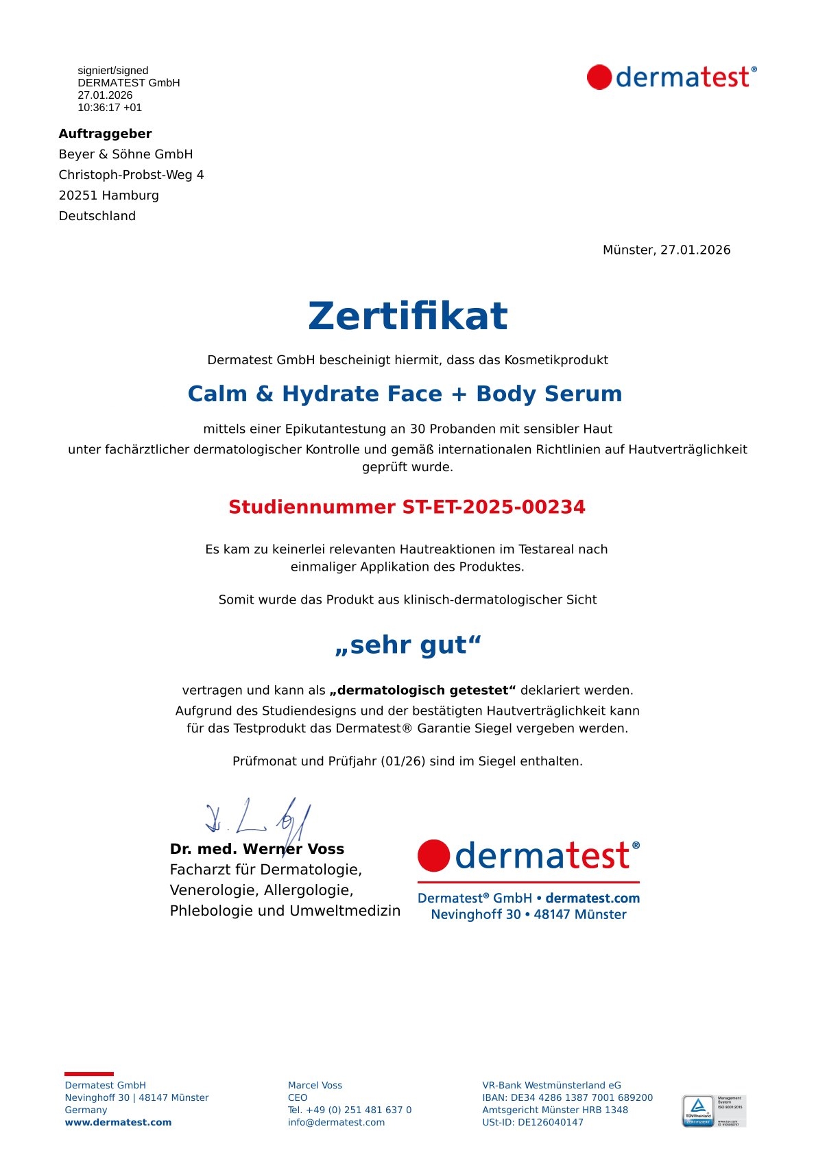 Zertifikat von Dermatest für den Calm & Hydrate. Er ist dermatologisch getestet und für empfindliche Haut geeignet.