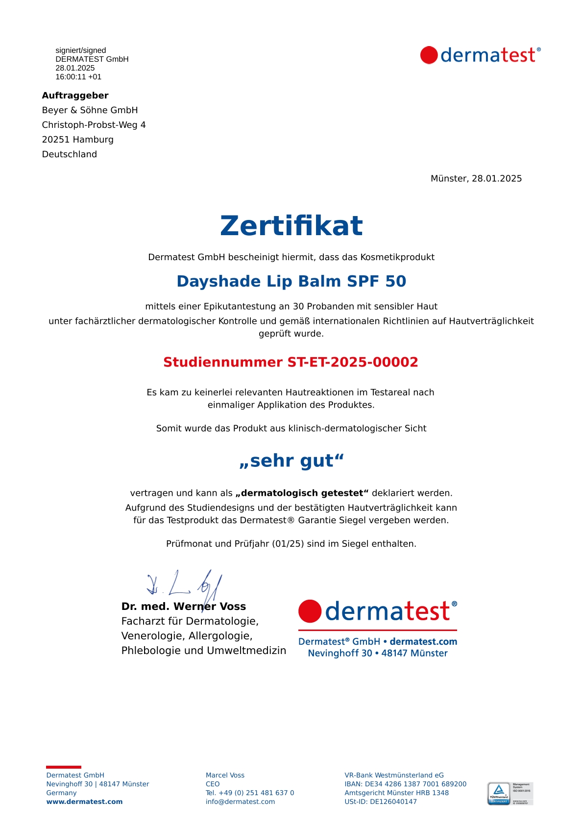 Zertifikat von Dermatest für den Dayshade LipBalm. Er ist dermatologisch getestet und für empfindliche Haut geeignet.