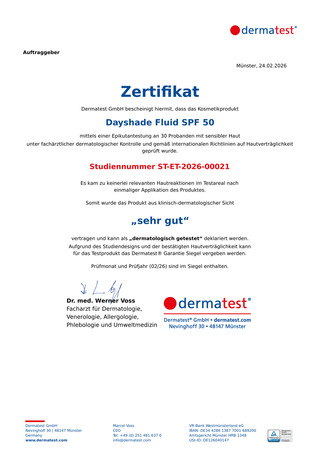 Zertifikat von Dermatest für Dayshade Fluid SPF 50. Er ist dermatologisch getestet und für empfindliche Haut geeignet.