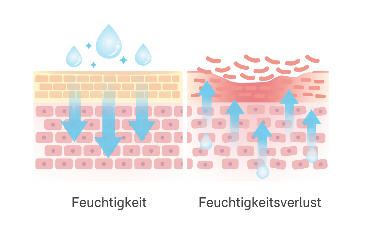 Schaubild einer intakten und gestörten Hautbarriere. Die intakte Hautbarriere hält Feuchtigkeit, die gestörte lässt Feuchtigkeit entweichen.