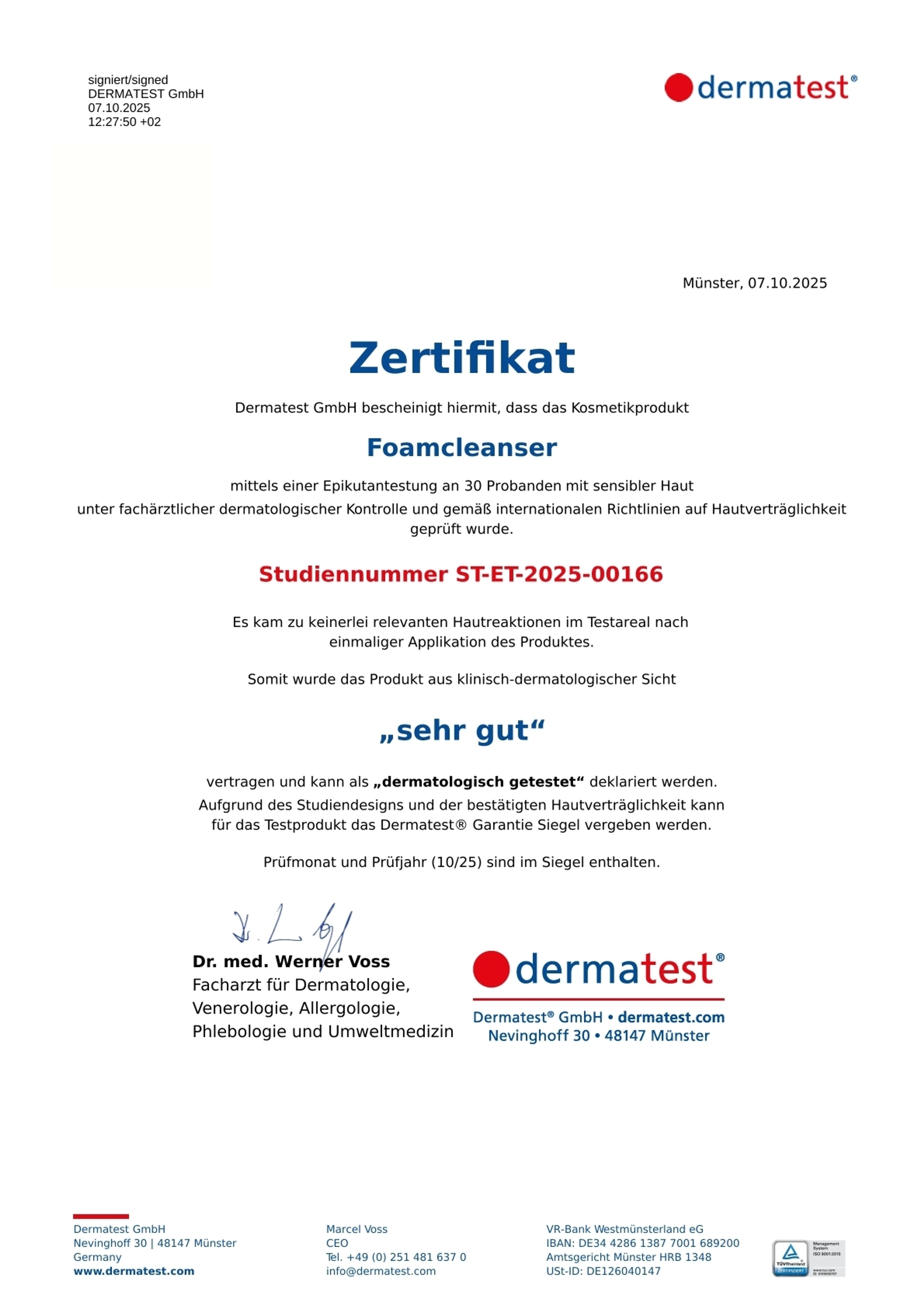 Zertifikat von Dermatest für den Foam Cleanser. Er ist dermatologisch getestet und für empfindliche Haut geeignet.