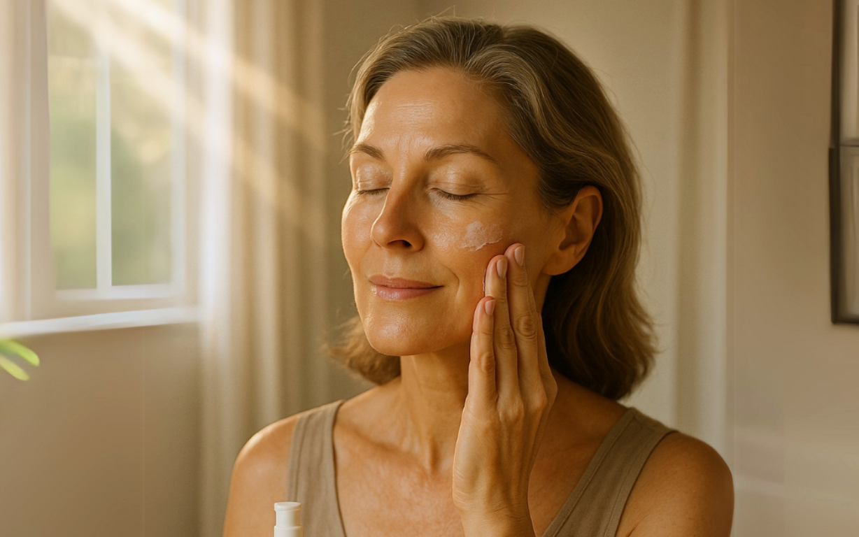 Natürlich schöne Frau, Mitte 50, trägt mit geschlossenen Augen und einem sanften Lächeln eine Creme auf ihr Gesicht. Im Hintergrund scheint die Sonne sanft durchs Fenster
