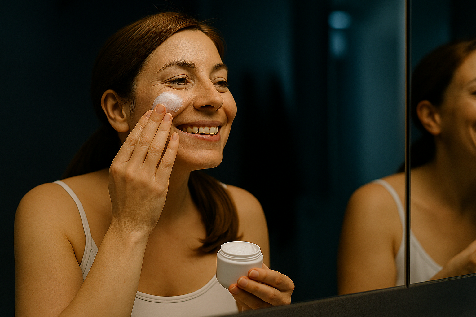 Eine Frau steht abends vor dem Spiegel und trägt sich zufrieden eine Creme auf, die sowohl für den Tag als auch für die Nacht geeignet ist.