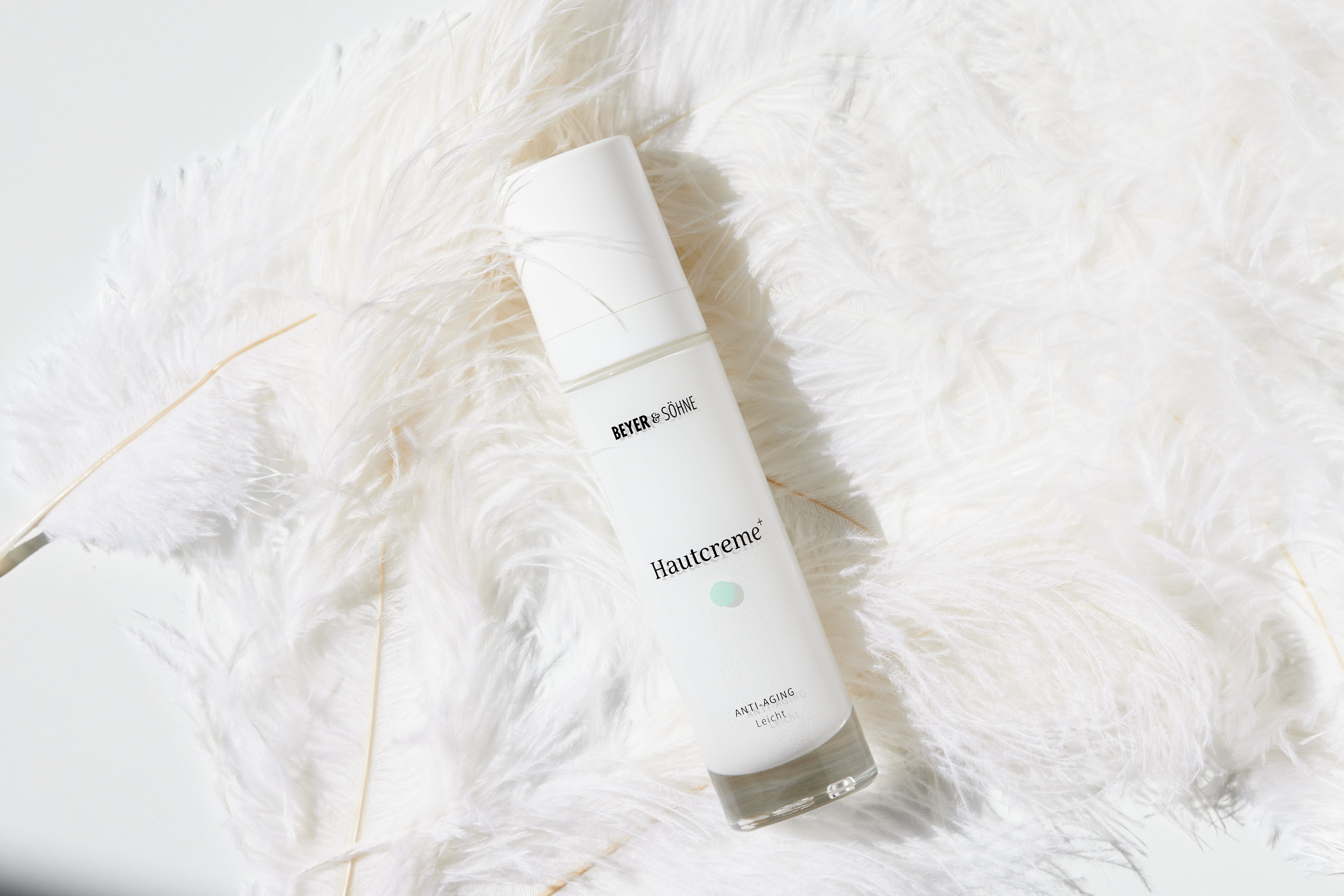 Hautcreme Leicht liegt auf mehreren weißen Federn.