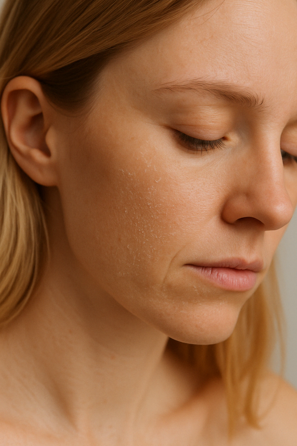 Nahaufnahme einer natürlichen Frau mit blondem Haar. Ihre Wange weist eine trockene Haut mit trockenen Hautschüppchen auf der Wange auf