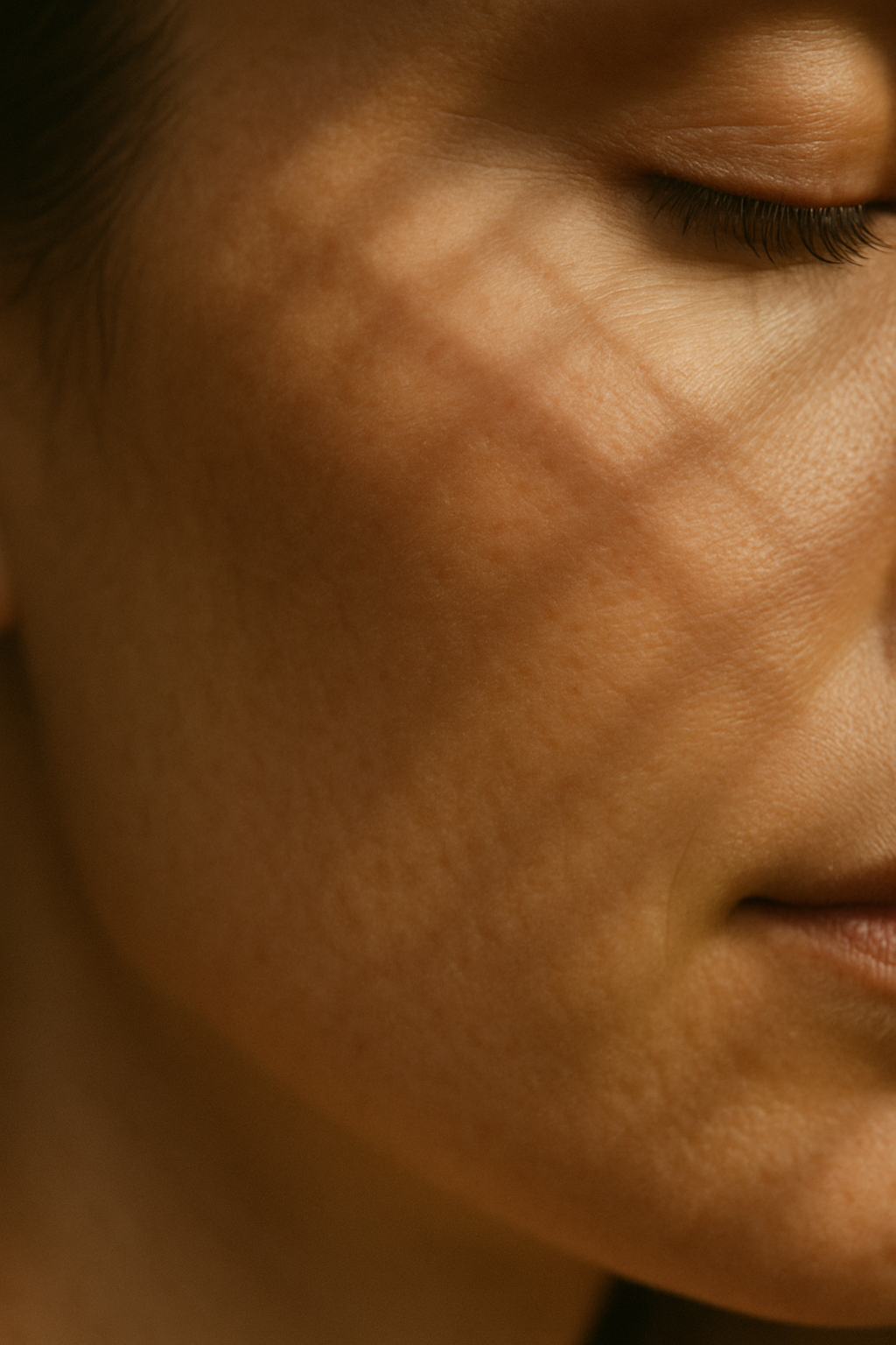 Nahaufnahme einer Gesichtshälfte mit geschlossenen Augen, auf dem ein sanftes Schattenspiel aus diagonalen Linien zu sehen ist.