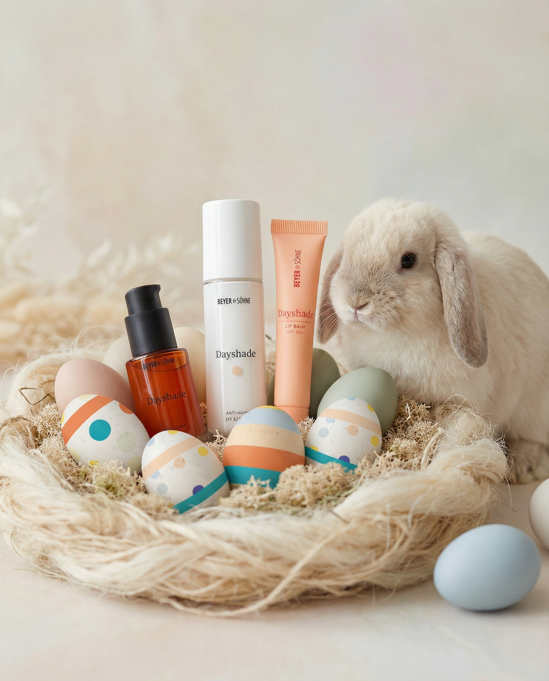 Drei Dayshade Produkte stehen in einem Nest aus Stroh, umgeben von bunten Ostereiern, die im Zuge der Ostereiersuche von Beyer & Söhne auf der Website zu finden sind. Daneben sitzt ein kleines Kaninchen und schafft eine ruhige, frühlingshafte Atmosphäre.