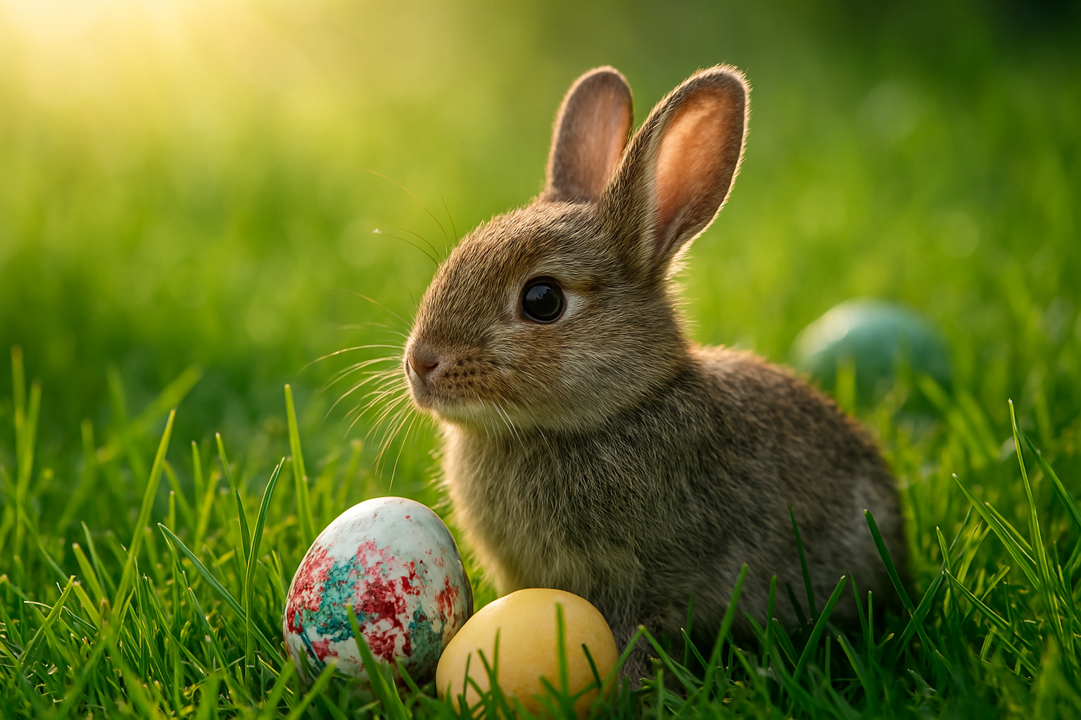 Im Gras sitzendes Häschen neben bunten Ostereiern