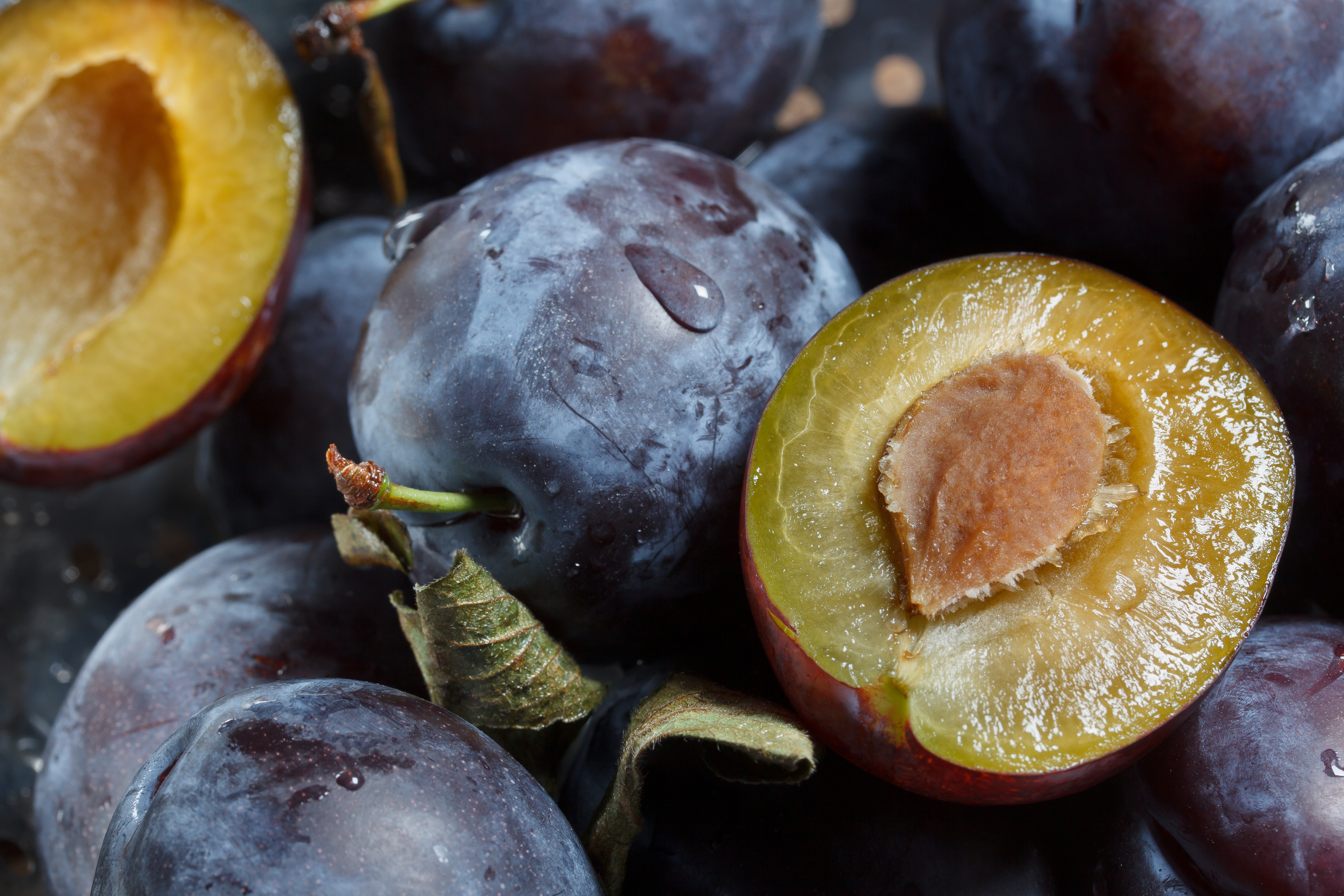 Nahaufnahme von saftigen ganzen und halbierten Pflaumen mit Kern