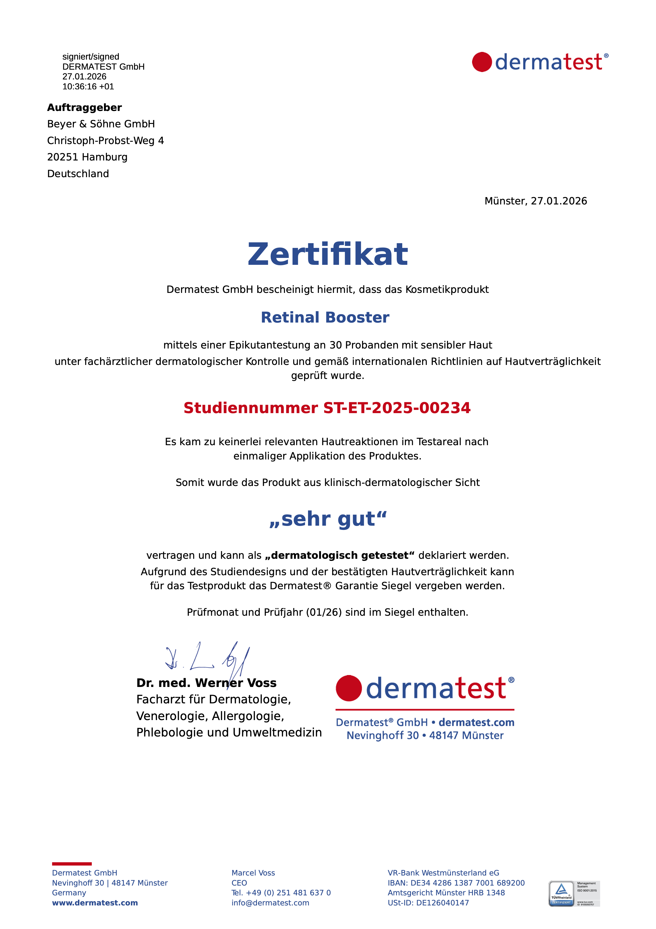 Zertifikat von Dermatest für den Vitamin C Booster. Er ist dermatologisch getestet und für empfindliche Haut geeignet.