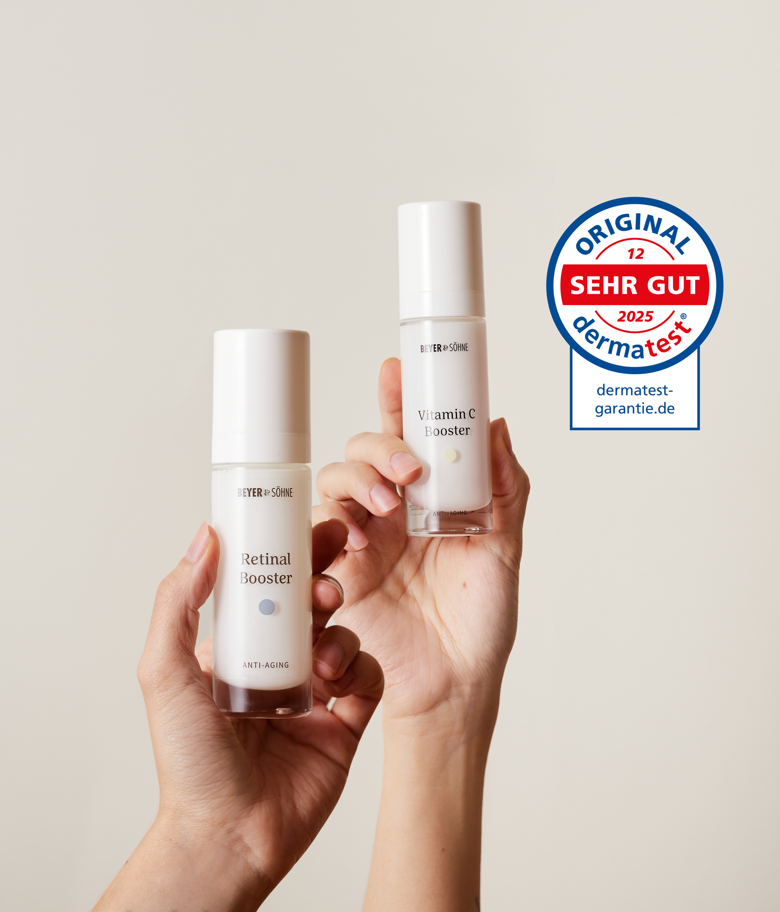 Der Retinal Booster und Vitamin C Booster von Beyer & Söhne mit dem Dermatest Siegel und dem Ergebnis "Hautverträglichkeit Sehr Gut".