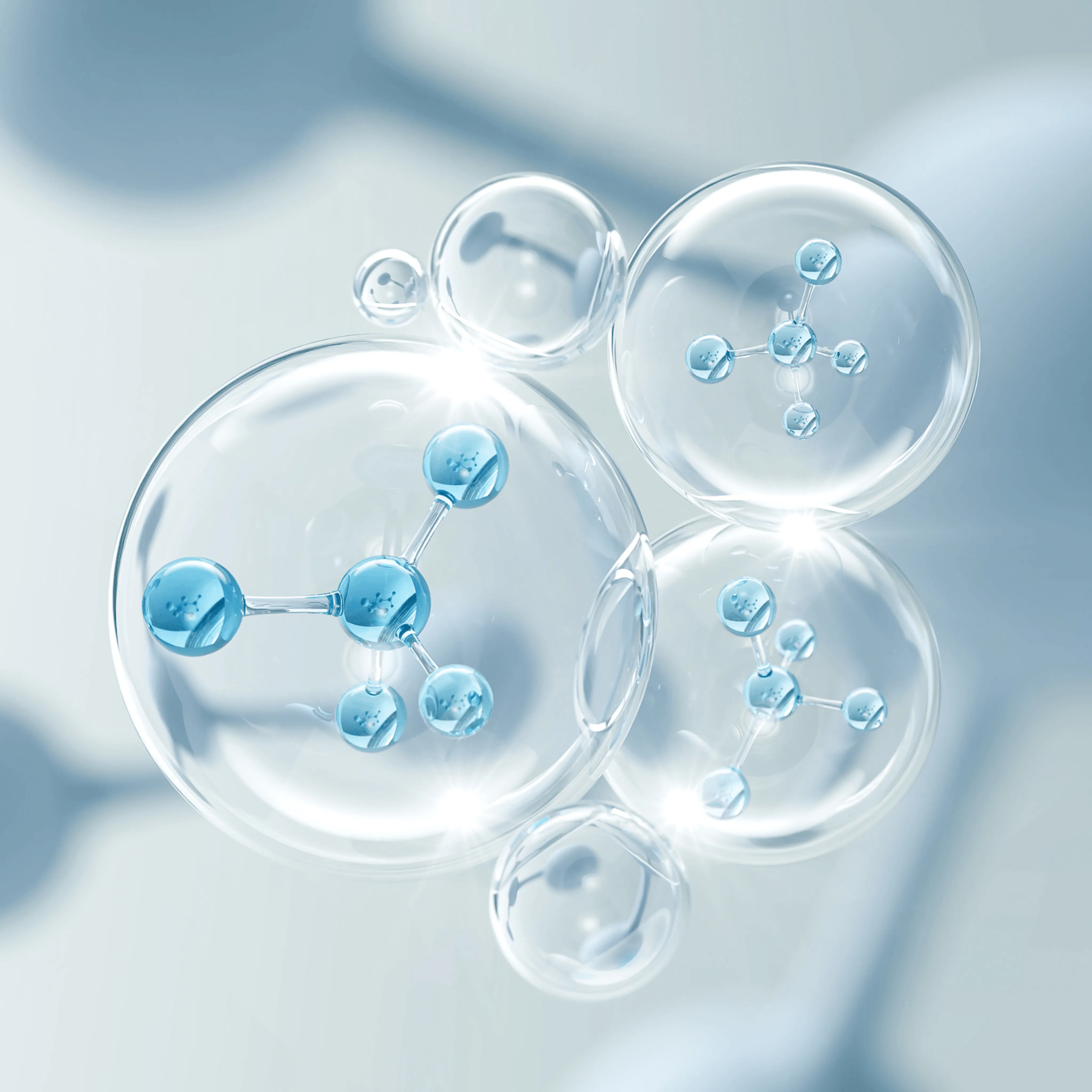 Moderne wissenschaftliche Visualisierung von mehreren Molekülstrukturen in Bläschen, die Sodium Retinoyl Hyaluronate darstellen