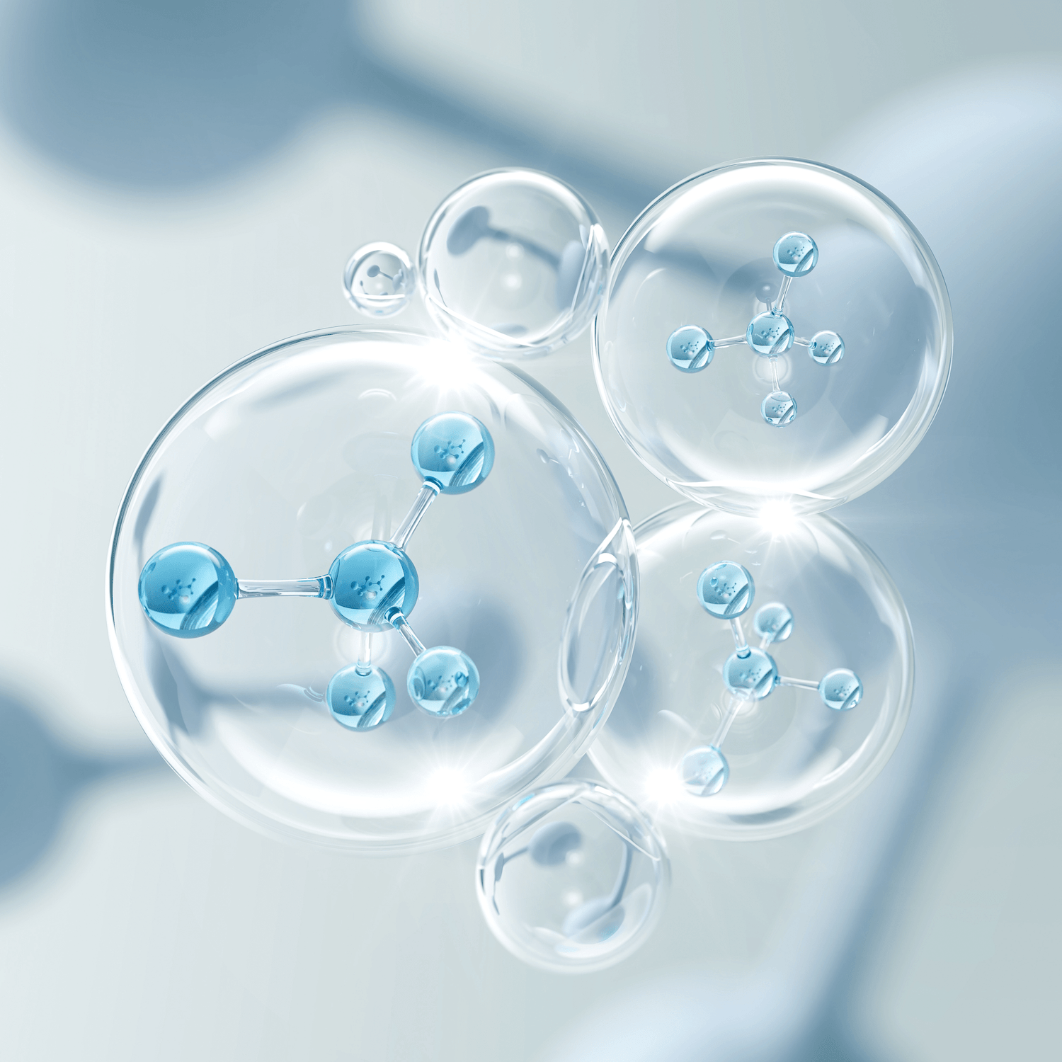 Moderne wissenschaftliche Visualisierung von mehreren Molekülstrukturen in Bläschen, die Sodium Retinoyl Hyaluronate darstellen