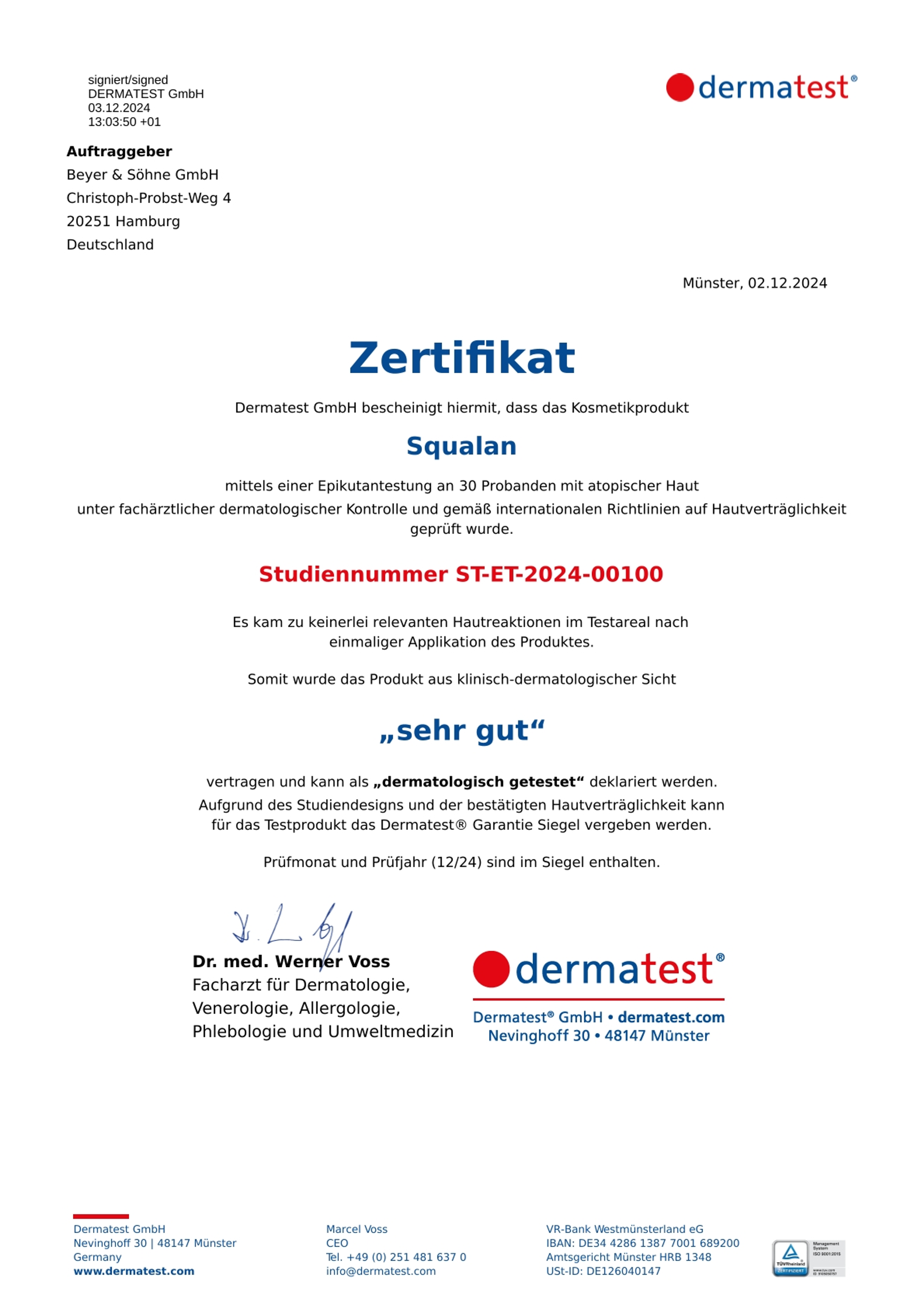 Zertifikat von Dermatest für Squalan. Es ist dermatologisch getestet und für empfindliche Haut geeignet.