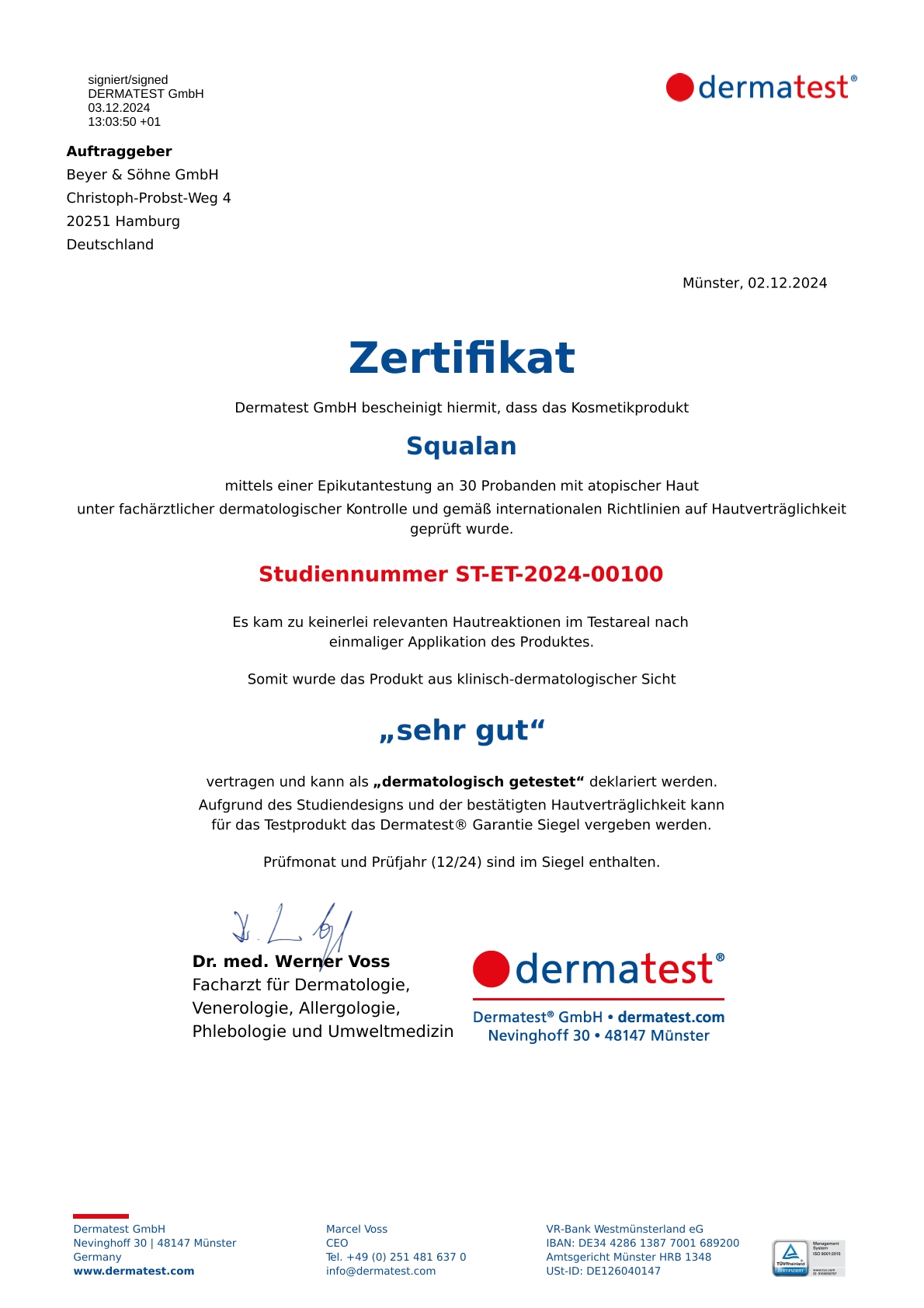 Zertifikat von Dermatest für Squalan. Es ist dermatologisch getestet und für empfindliche Haut geeignet.