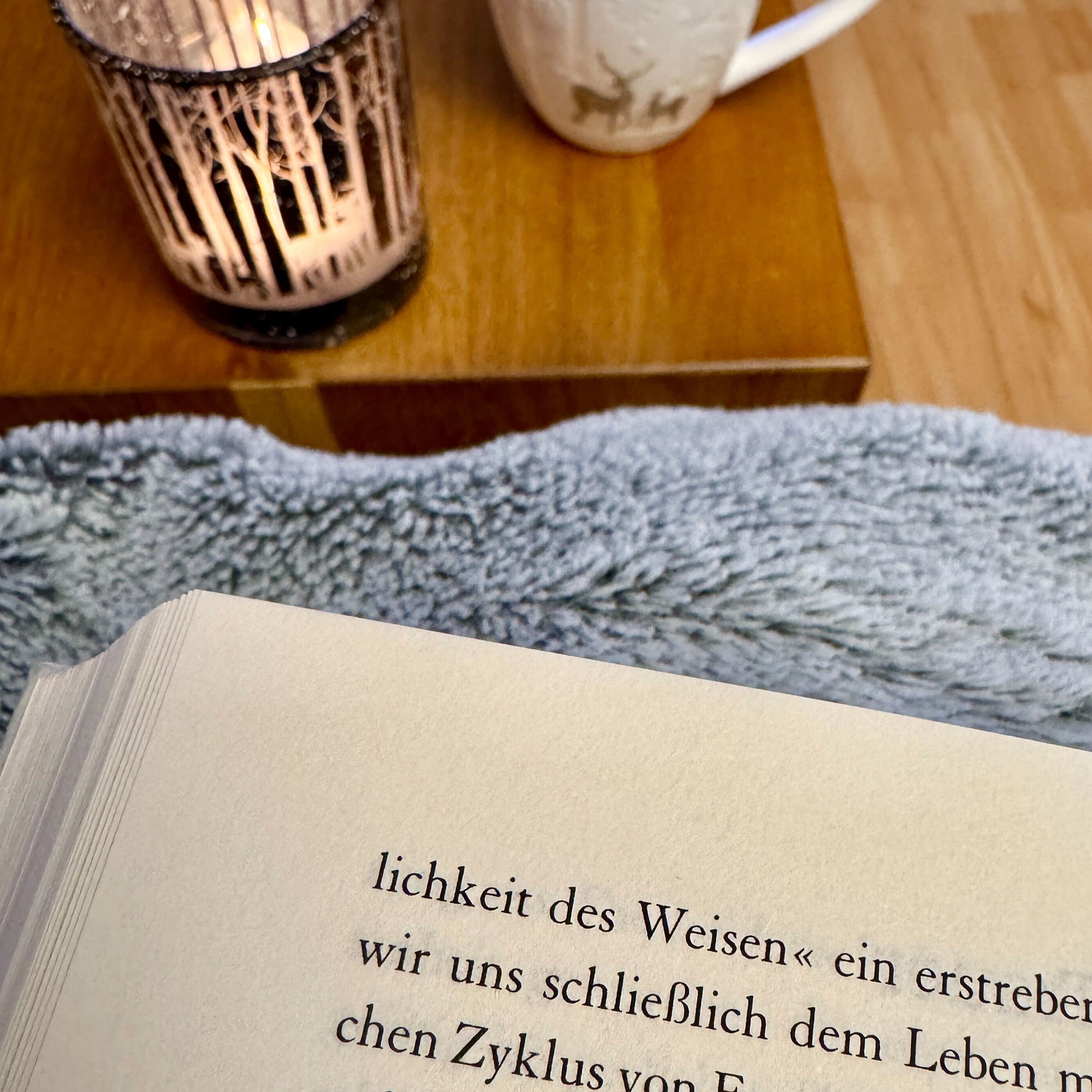 Aufgeschlagenes Buch auf einer kuscheligen Decke, daneben eine brennende Kerze und eine Tasse Tee auf einem Holztisch.