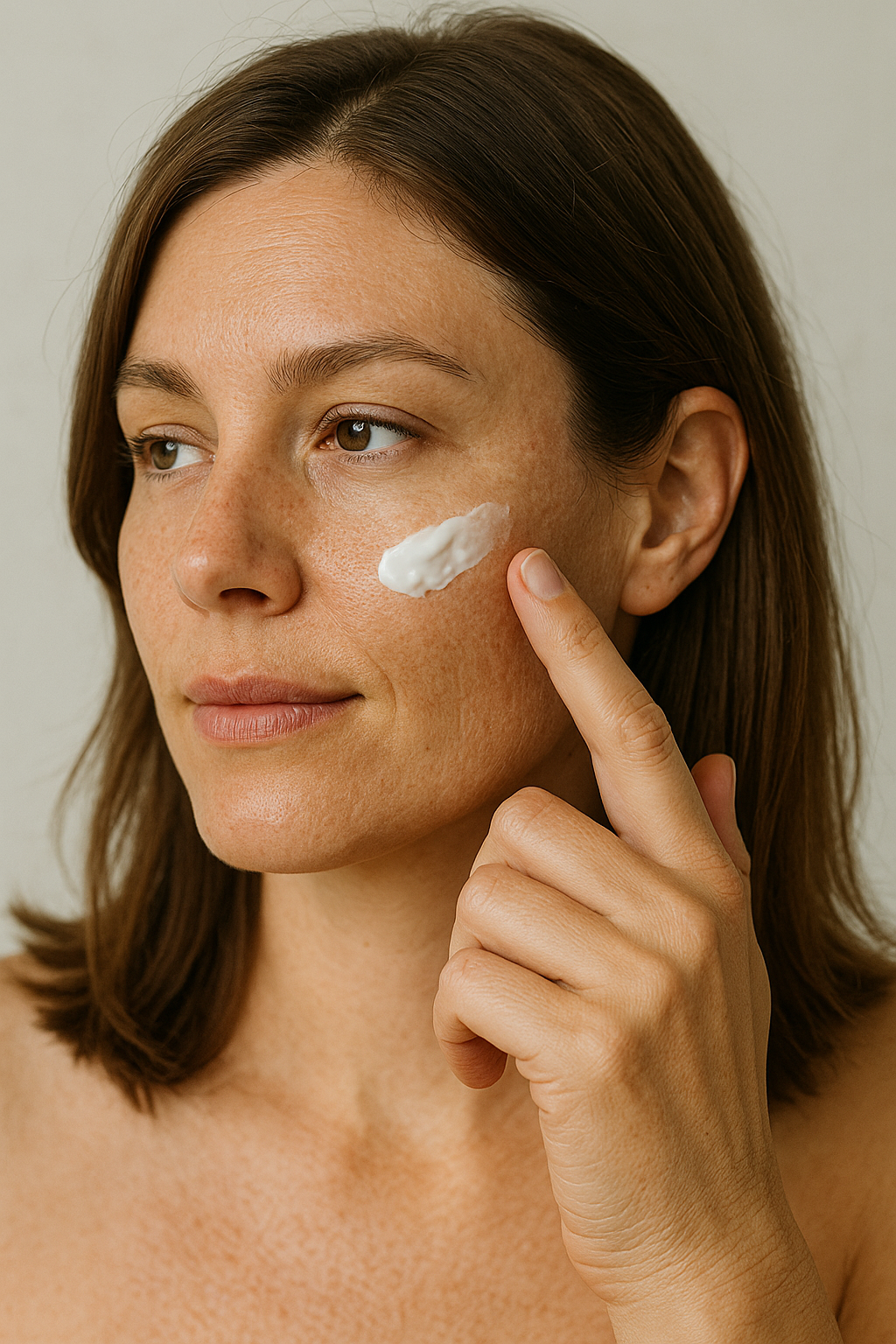 Nahaufnahme einer natürlichen brünetten Frau Ende 30 mit, die eine Creme auf ihre Wange aufträgt